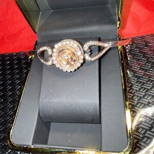 Rose and Heart Crystal Bangle Bracelet - Gold Tone